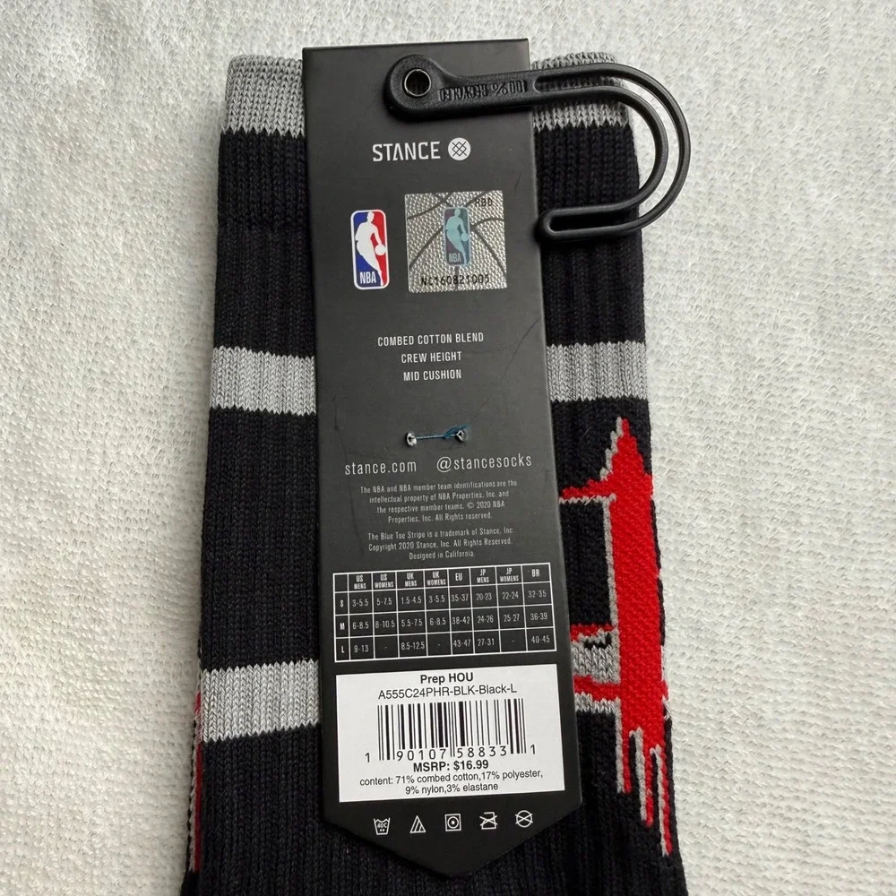 Stance NBA Prep Houston Rockets Crew Socks Mens Large 9-13 Black Gray Stripe New